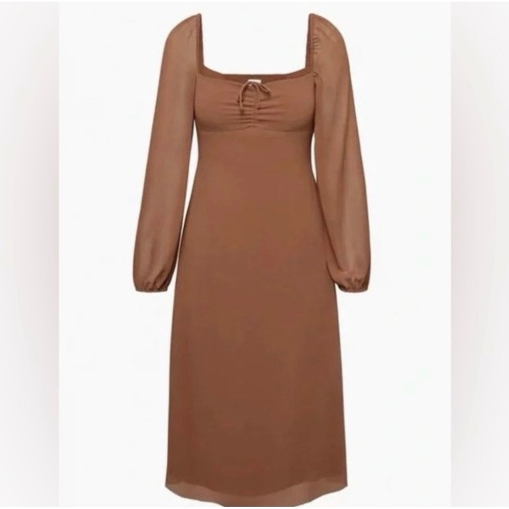 Aritzia Wilfred SZ 4 Brown Sheath Jaqueline Midi Dress Square Neck Sheer Sleeves